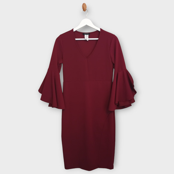 BLVD Dress Womens Small Red Burgundy Bell Sleeves Retro Mermaidcore Party Sheath - Picture 1 of 10
